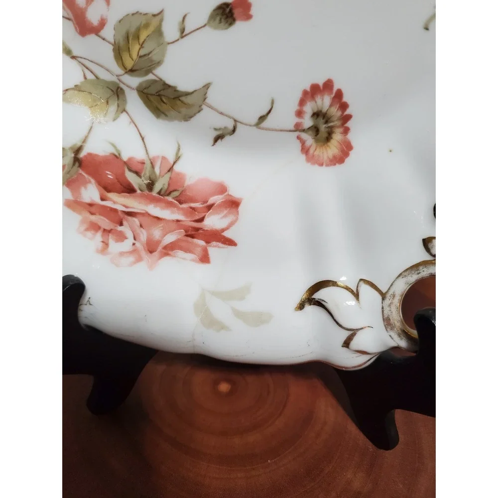Vintage Rose Floral‎ German Porcelain Serving Tray Plate Gold Gilt Handles